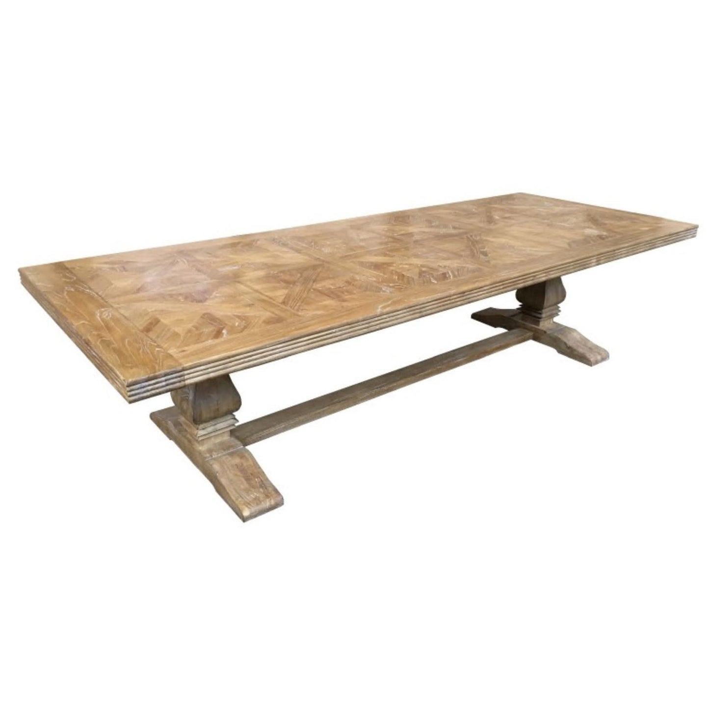 Kensit Hamptons Recycled Elm Parquetry Dining Table, 320cm in Natural - Chocolate Wood