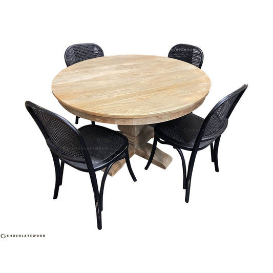 Tivoli Round Dining Table + 4 Bermuda Dining Chairs in Black, 120cm - Chocolate Wood