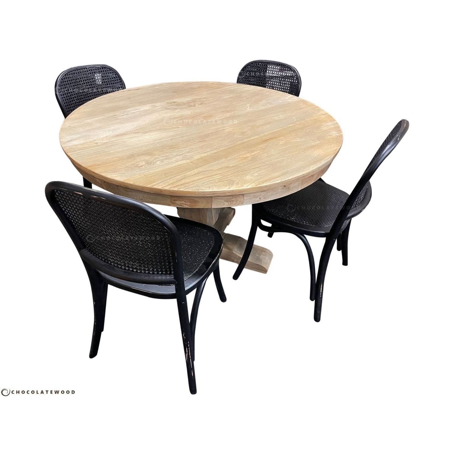 TIVOLI ROUND DINING TABLE 120CM DIAMETER +4 BERMUDA DINING CHAIRS IN BLACK - MyChocolateWood