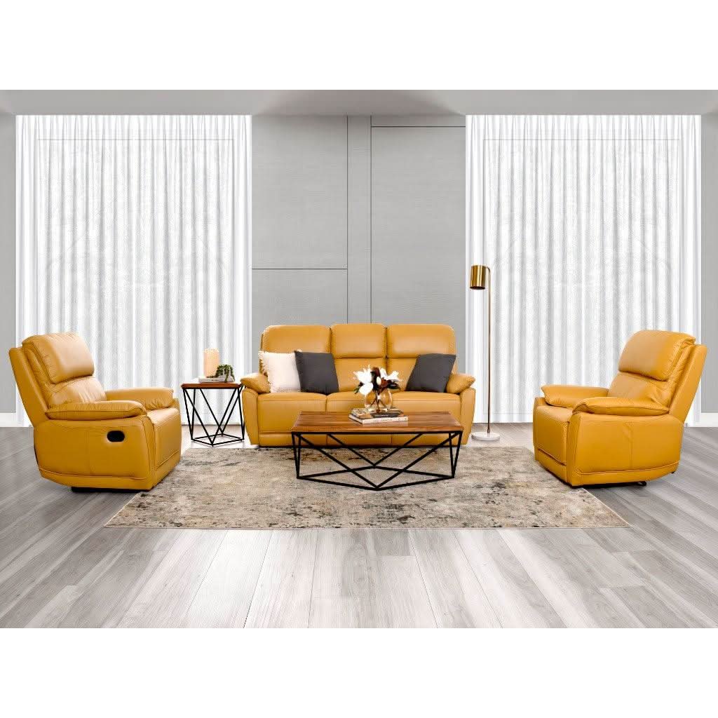 TORELLI GENUINE LEATHER 3-SEATER RECLINER  +2 SINGLE RECLINER ARMCHAIRS  LOUNGE SUITE MUSTARD - MyChocolateWood