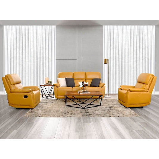 TORELLI GENUINE LEATHER 3-SEATER RECLINER  +2 SINGLE RECLINER ARMCHAIRS  LOUNGE SUITE MUSTARD - MyChocolateWood