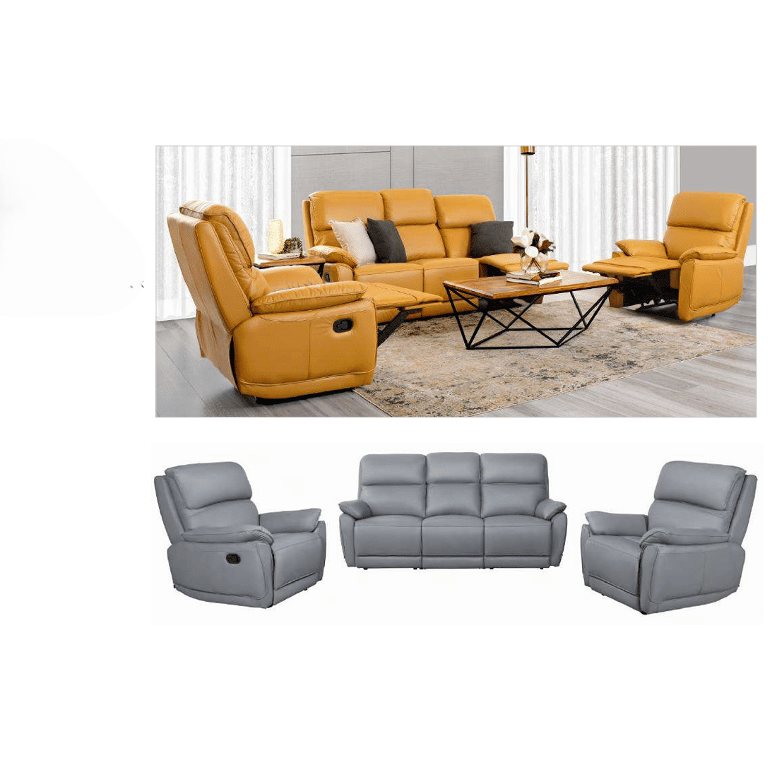TORELLI GENUINE LEATHER 3-SEATER RECLINER +2 SINGLE RECLINER ARMCHAIRS LOUNGE SUITE STONE - MyChocolateWood