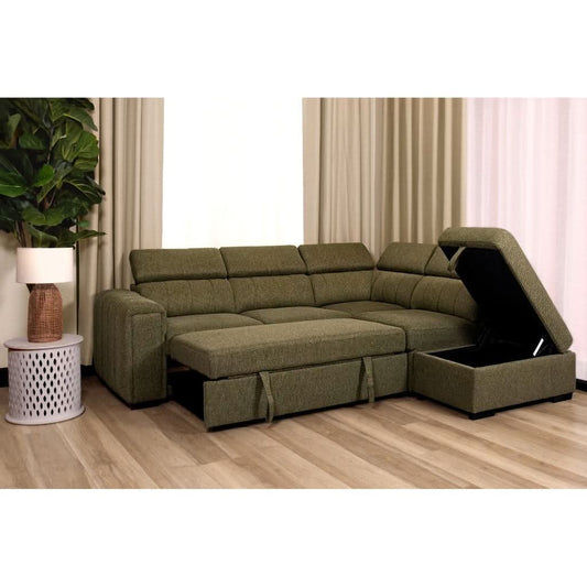 TRAYNOR FABRIC 2-SEATER W/SOFA BED & RHF CHAISE GREEN - MyChocolateWood
