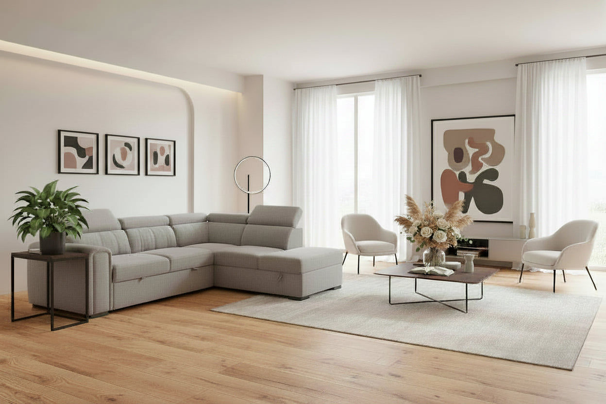 TRAYNOR FABRIC 2-SEATER W/SOFA BED & RHF CHAISE GREY - MyChocolateWood