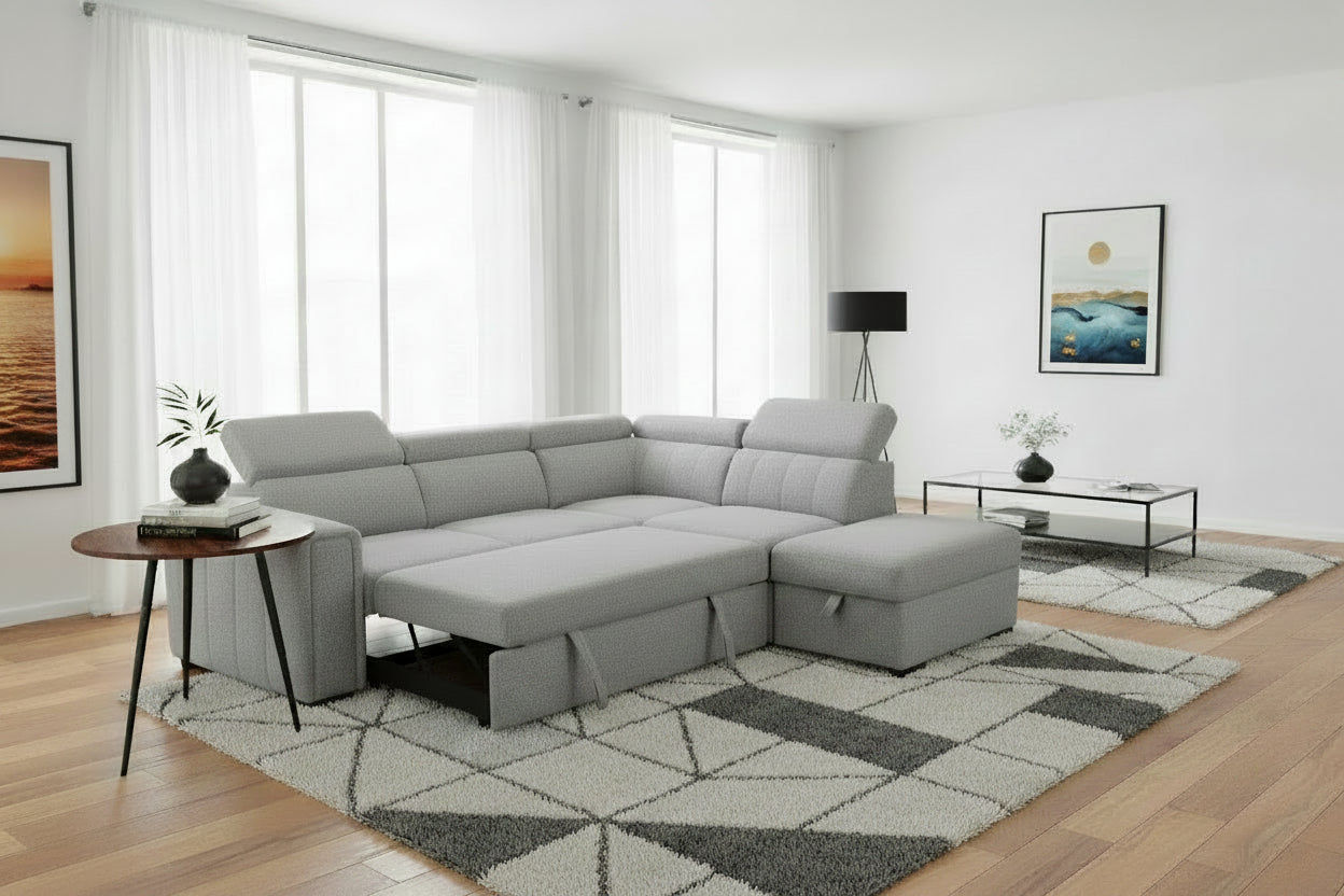 TRAYNOR FABRIC 2-SEATER W/SOFA BED & RHF CHAISE GREY - MyChocolateWood