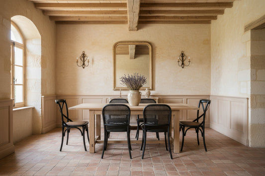 VALENCIA RECYCLED ELM DINING TABLE 184CM + 6 RECYCLED ELM BLACK BERMUDA DINING CHAIRS - MyChocolateWood