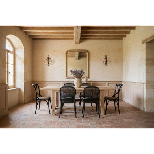 VALENCIA RECYCLED ELM DINING TABLE 184CM + 6 RECYCLED ELM BLACK BERMUDA DINING CHAIRS - MyChocolateWood