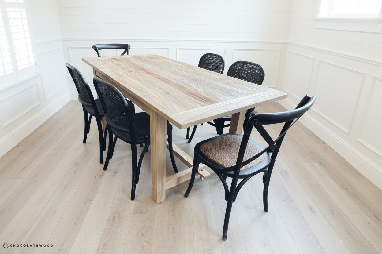 VALENCIA RECYCLED ELM DINING TABLE 184CM + 6 RECYCLED ELM BLACK BERMUDA DINING CHAIRS - MyChocolateWood