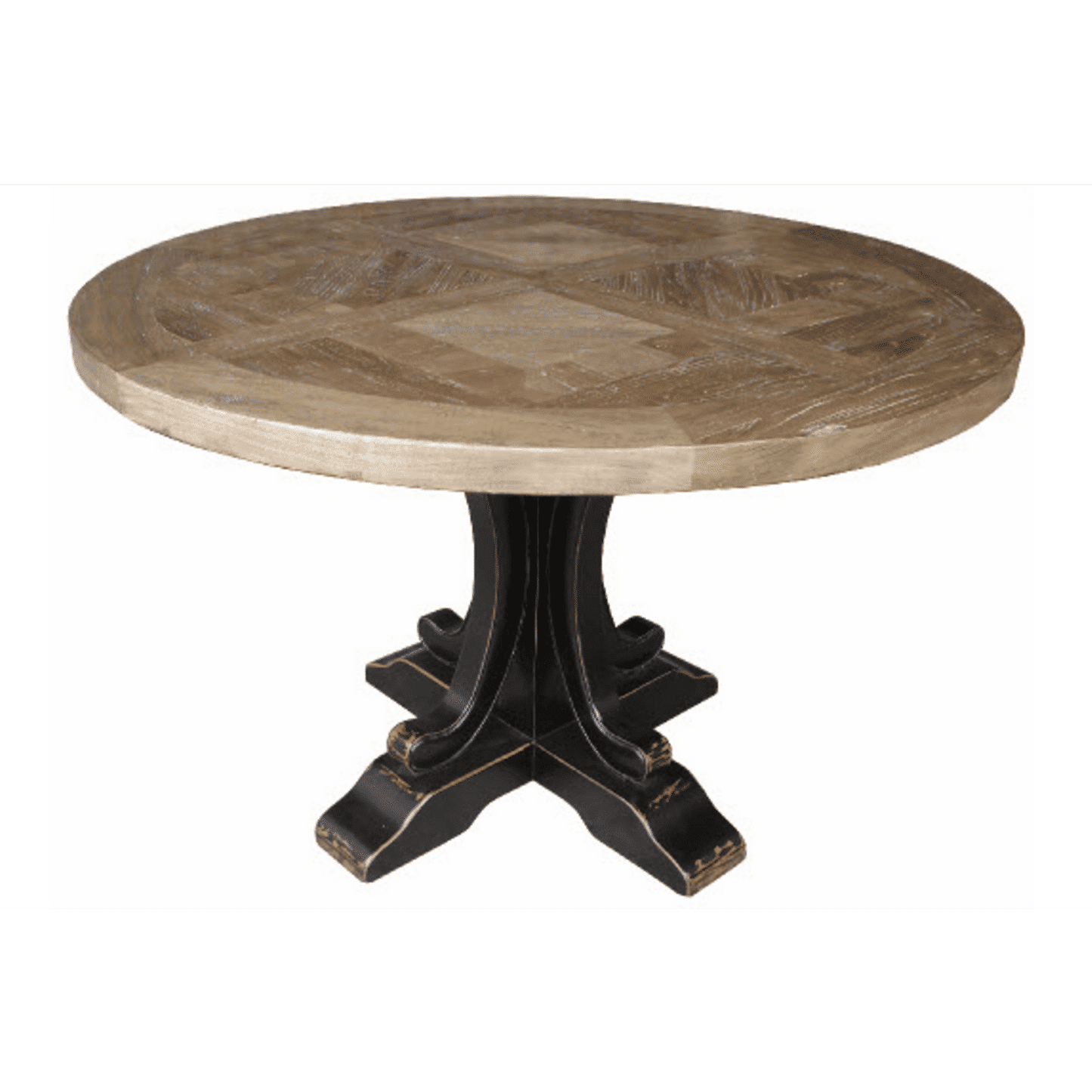 Valentina Reclaimed Elm Wood Round Dining Table 120cm, natural top with distressed black base - Chocolate Wood