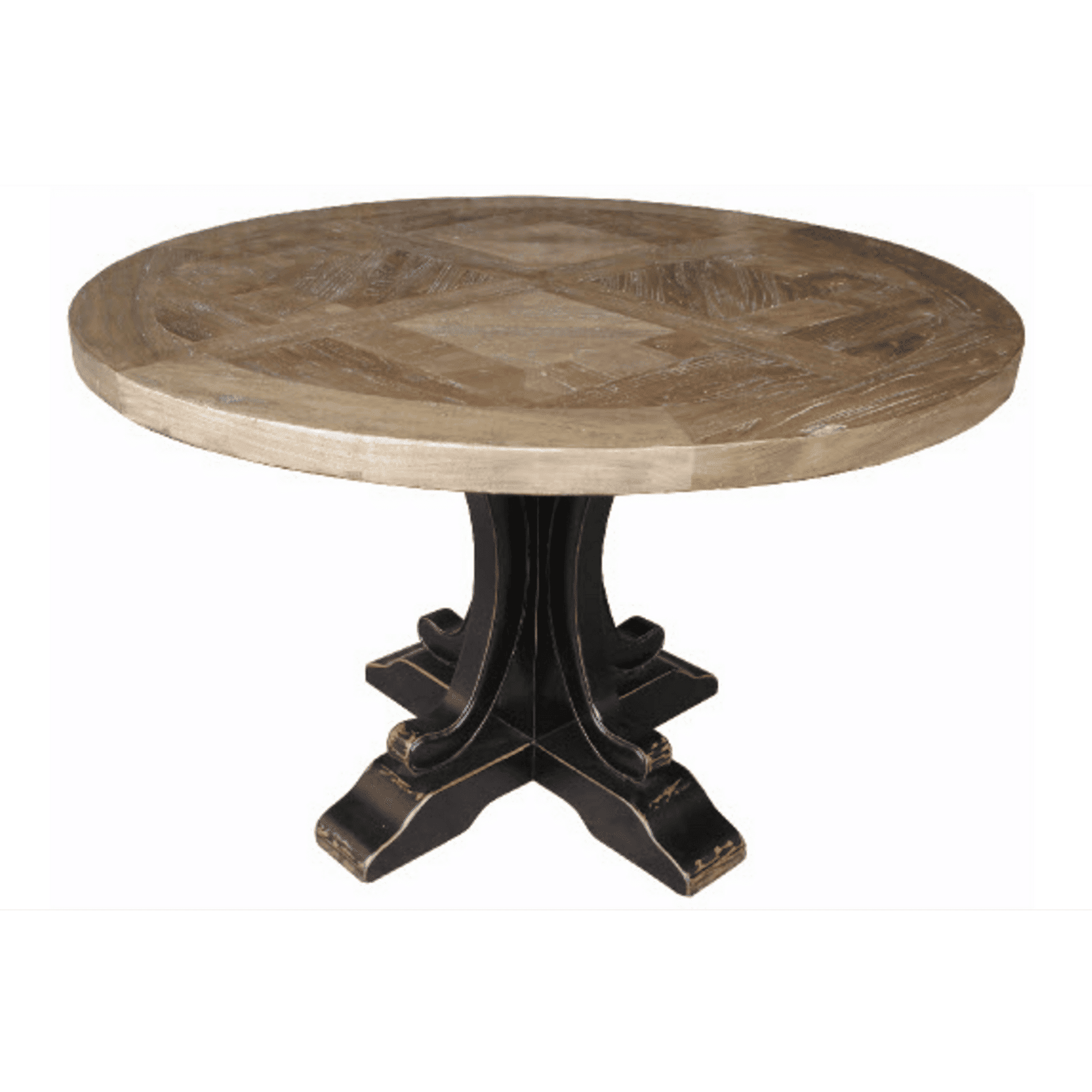 Valentina Reclaimed Elm Wood Round Dining Table 120cm, natural top with distressed black base - Chocolate Wood