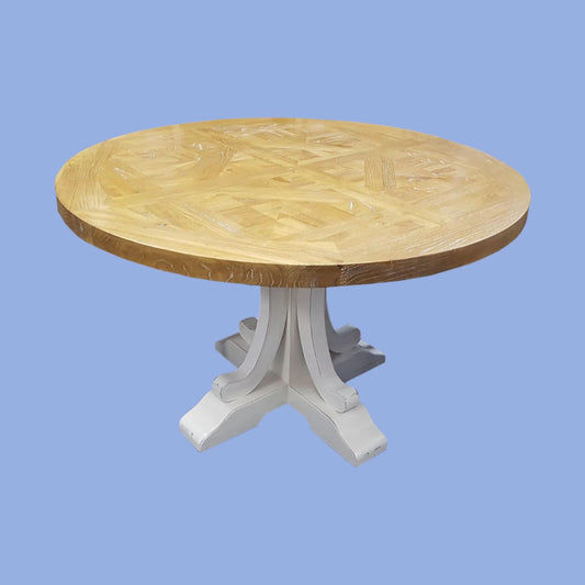 VALENTINA RECLAIMED ELM WOOD ROUND DINING TABLE 120CM- DISTRESSED WHITE BASE - MyChocolateWood