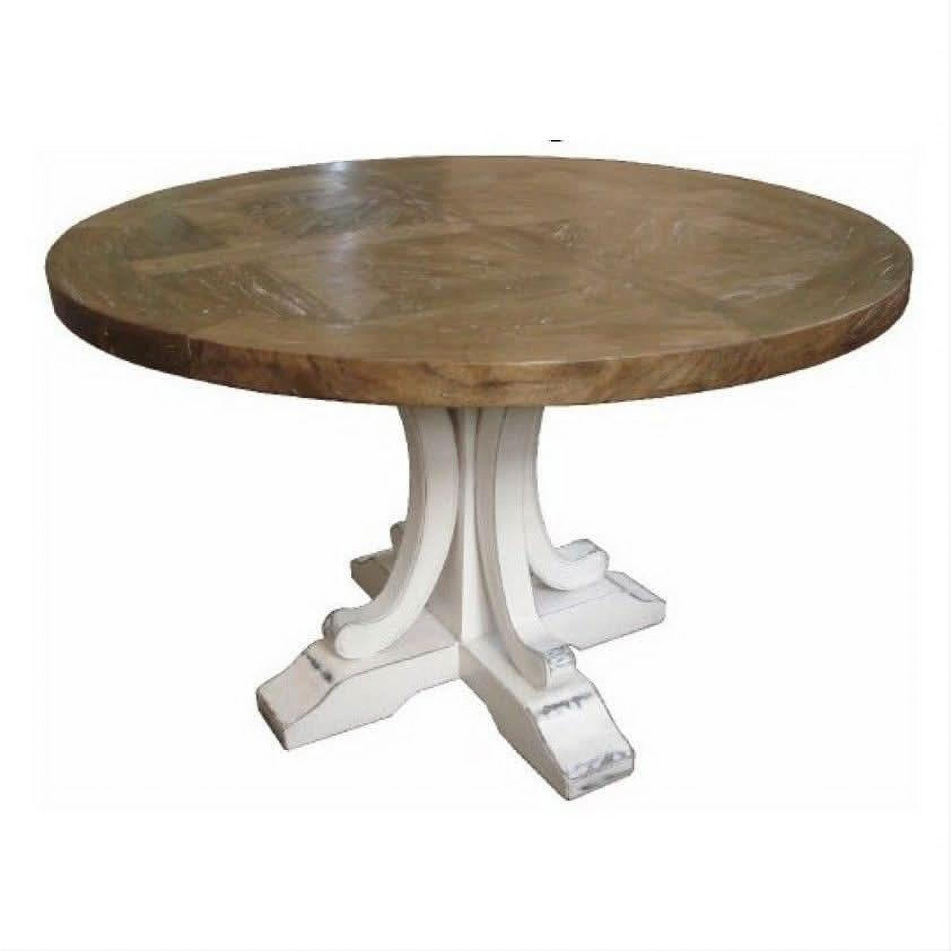Valentina Reclaimed Elm Wood Round Dining Table 120cm, natural top with distressed white base - Chocolate Wood