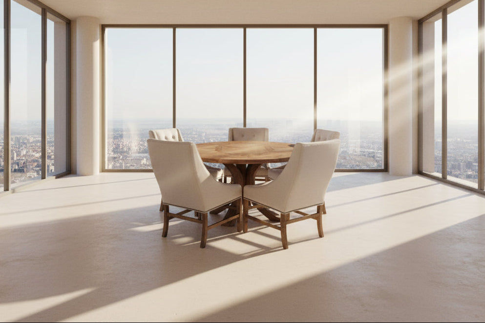 VALENTINA RECLAIMED ELM WOOD NATURAL ROUND DINING TABLE 120CM- DISTRESSED WHITE BASE