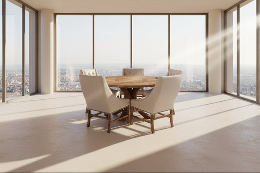 VALENTINA RECLAIMED ELM WOOD NATURAL ROUND DINING TABLE 120CM- DISTRESSED WHITE BASE