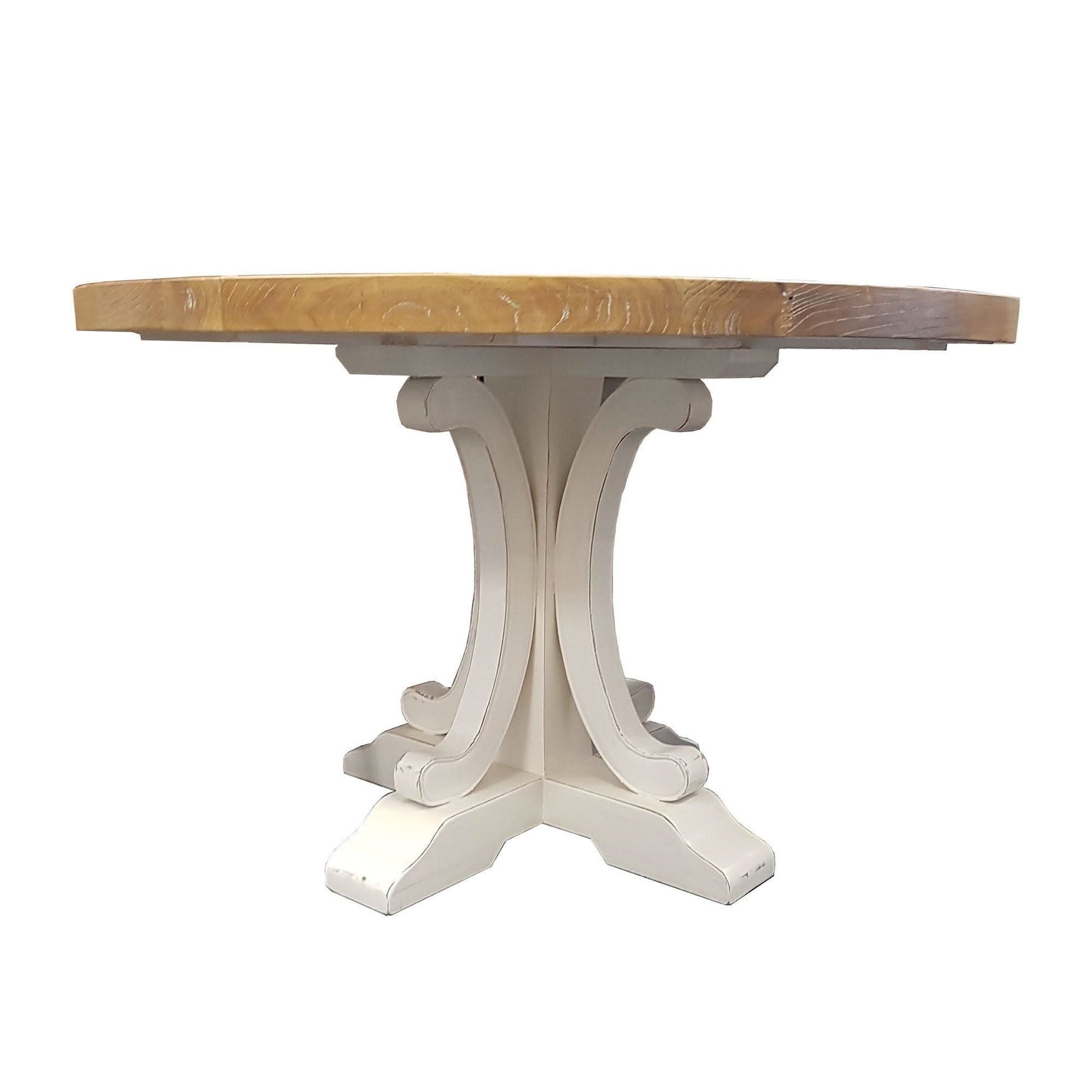 Valentina Reclaimed Elm Wood Round Dining Table 150cm, natural top with distressed white base - Chocolate Wood