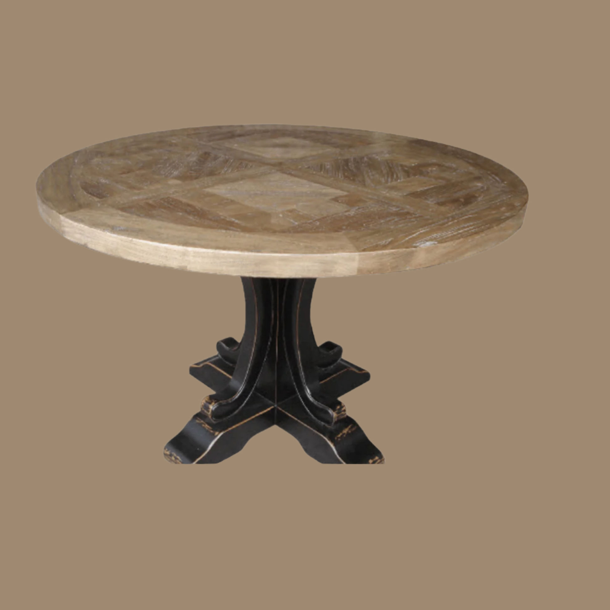 Valentina Reclaimed Elm Wood Round Dining Table 150cm in Distressed White - Chocolate Wood