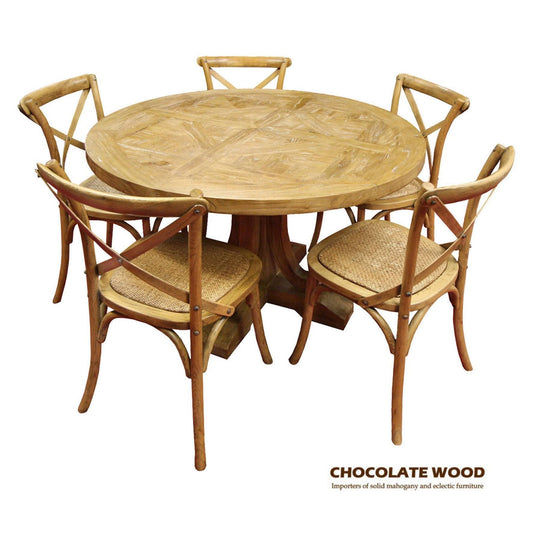 VALENTINA RECLAIMED ELMWOOD ROUND DINING TABLE 120CM- ALL NATURAL+ 5 MELROSE CROSS BACK CHAIRS IN NATURAL