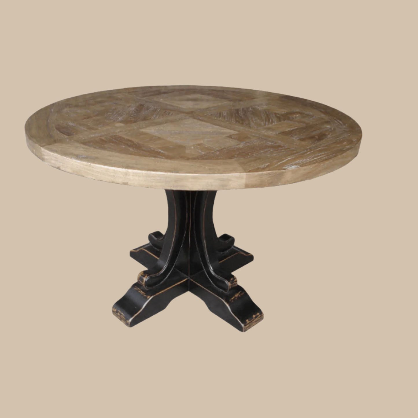 Valentina Reclaimed Elm Wood Round Dining Table 150cm, natural top with distressed black base - Chocolate Wood