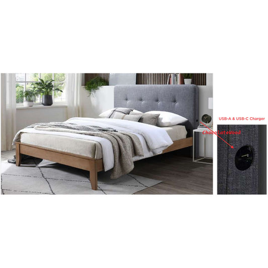 Vargas Fabric Bed with USB in Dark Grey, Queen - Chocolate Wood