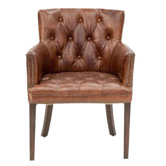 VERDON VINTAGE LEATHER ARMCHAIR ACCENT CHAIR WITH BRASS STUD TRIM