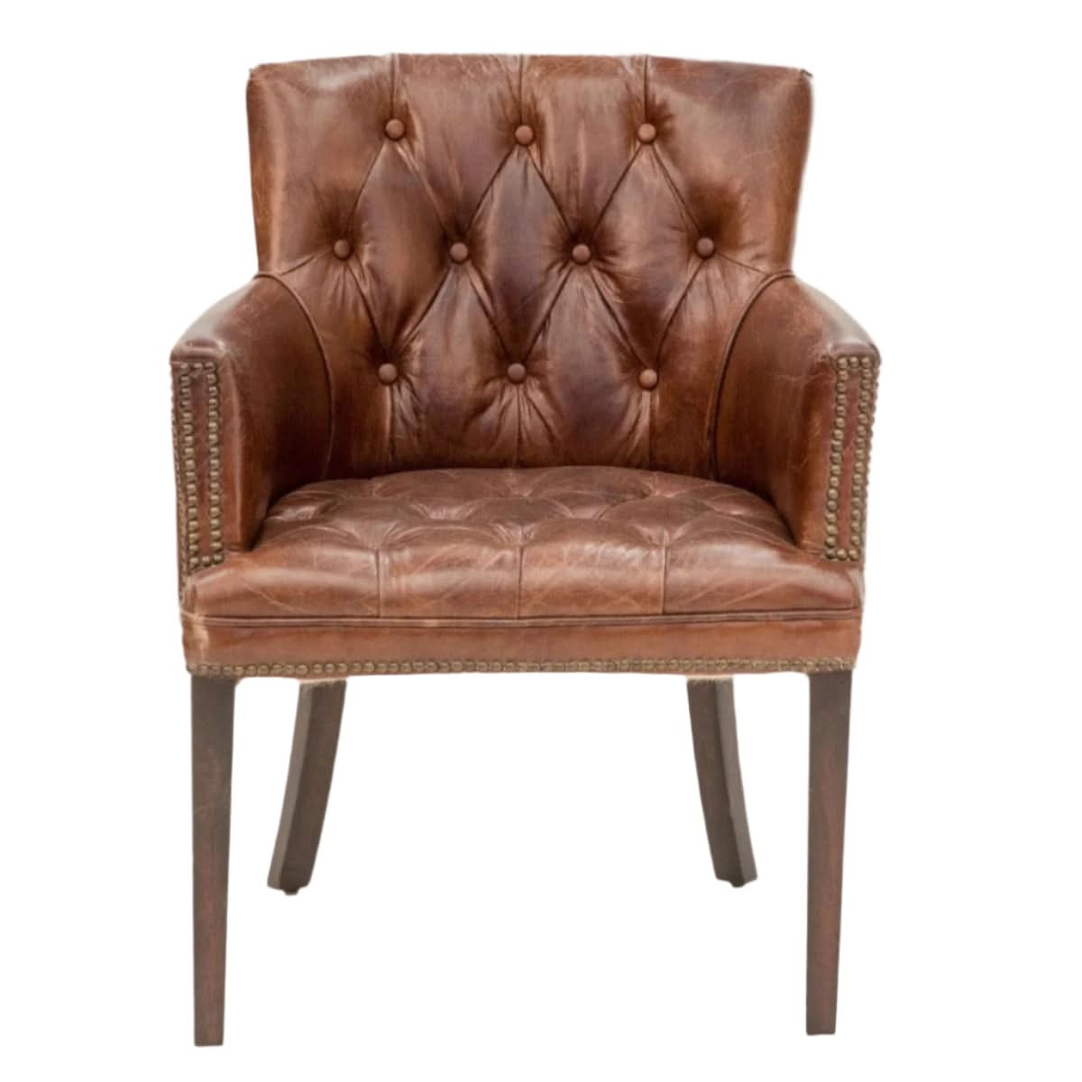 VERDON VINTAGE LEATHER ARMCHAIR ACCENT CHAIR WITH BRASS STUD TRIM - MyChocolateWood