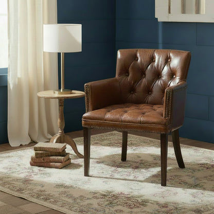 VERDON VINTAGE LEATHER ARMCHAIR ACCENT CHAIR WITH BRASS STUD TRIM - MyChocolateWood