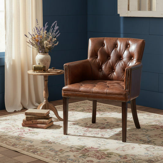 VERDON VINTAGE LEATHER ARMCHAIR ACCENT CHAIR WITH BRASS STUD TRIM - MyChocolateWood