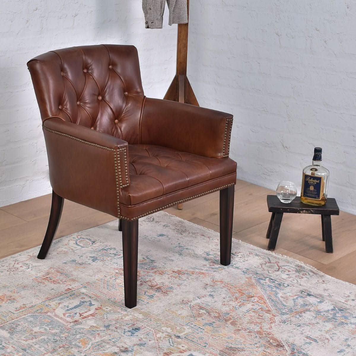 VERDON VINTAGE LEATHER ARMCHAIR ACCENT CHAIR WITH BRASS STUD TRIM - MyChocolateWood