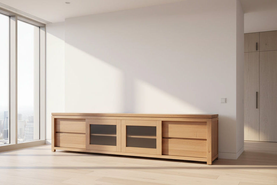 VERMONT AUSTRALIAN CUSTOM-MADE TV/ENTERTAINMENT UNIT WITH 4 DRAWERS & 2 SLIDING DOORS - MyChocolateWood