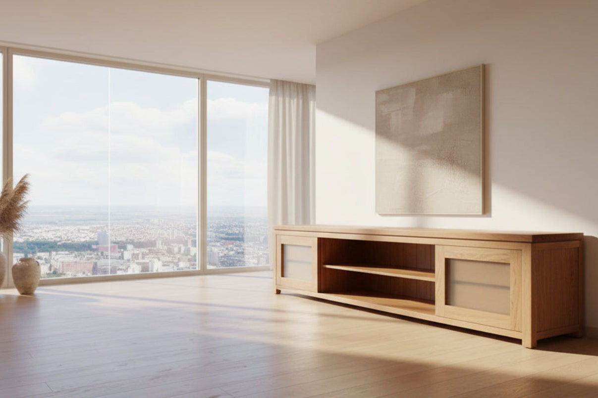 VERMONT AUSTRALIAN CUSTOM-MADE TV/ENTERTAINMENT UNIT WITH 4 DRAWERS & 2 SLIDING DOORS - MyChocolateWood