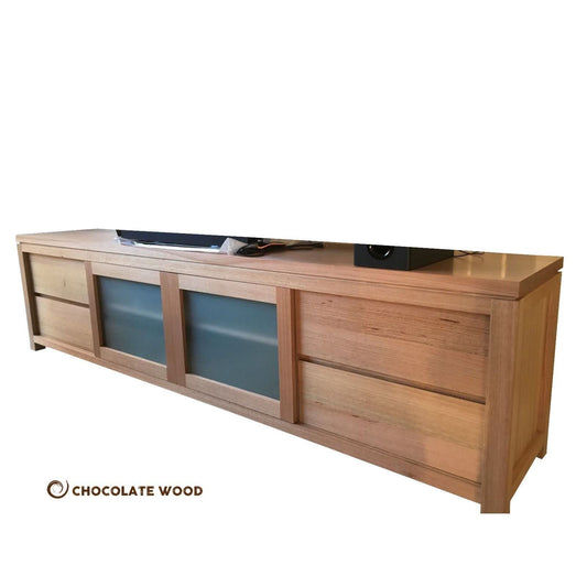 VERMONT AUSTRALIAN CUSTOM-MADE TV/ENTERTAINMENT UNIT WITH 4 DRAWERS & 2 SLIDING DOORS - MyChocolateWood