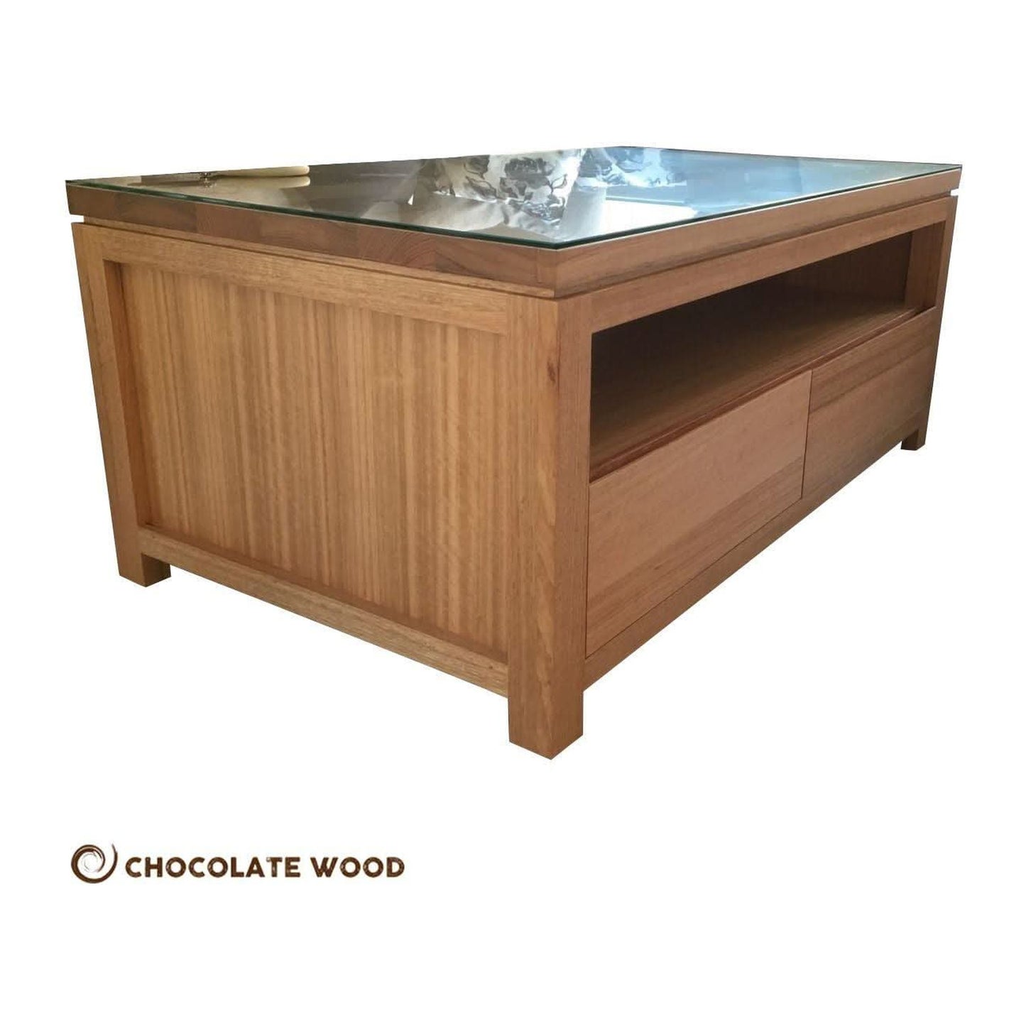 VERMONT TASSIE OAK 2 DRAWER COFFEE TABLE WITH A GLASS TOP AUSTRALIAN CUSTOM MADE