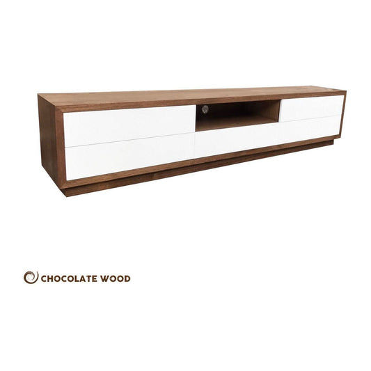 VICTORIA TASSIE OAK WALL MOUNTED 4 DRAWER DROP DOWN TV/ENTERTAINMENT UNIT IN CLEAR LACQUER