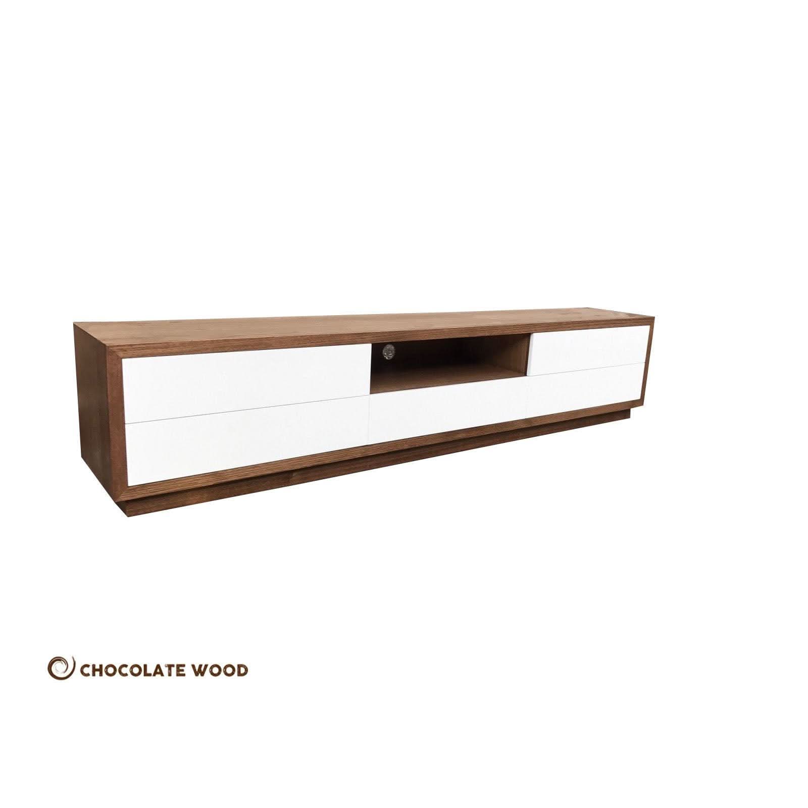 VICTORIA TASSIE OAK WALL MOUNTED 4 DRAWER DROP DOWN TV/ENTERTAINMENT UNIT IN CLEAR LACQUER - MyChocolateWood
