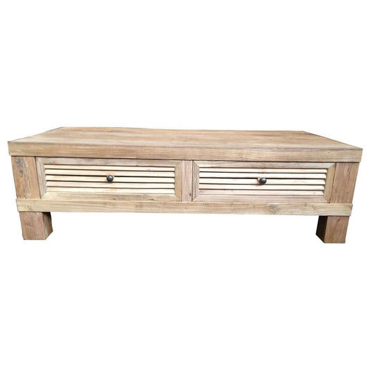 VILLA RUSTIC LOUVRE STYLE COFFEE TABLE 2 DRAWERS IN RECYCLED ELM
