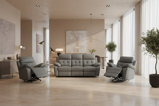 VOGUE GENUINE LEATHER 3-SEATER SOFA WITH 2 RECLINERS + 2 SINGLE RECLINER ARMCHAIRS LOUNGE SUITE GREY - MyChocolateWood