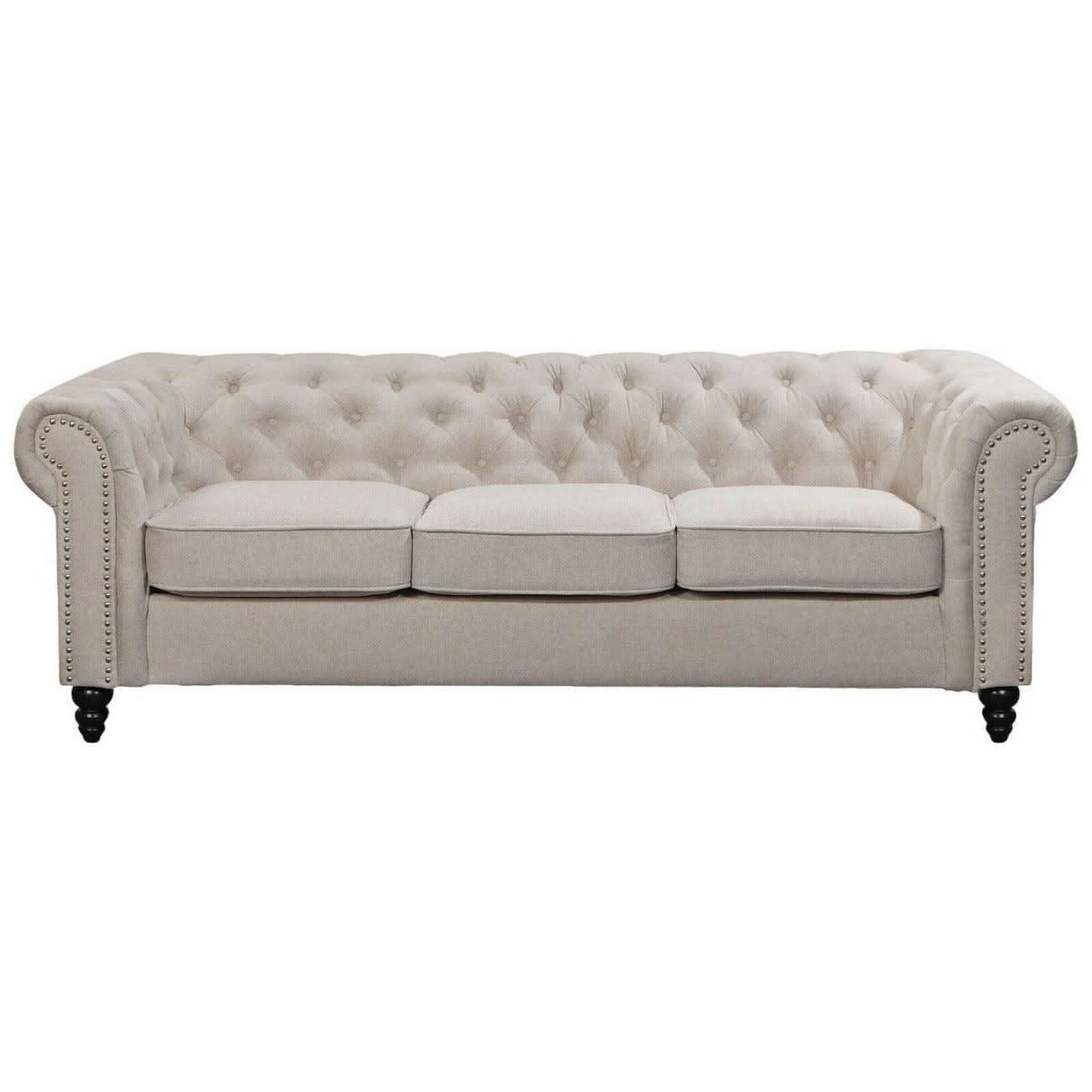 WOODLEY 3-SEATER CHESTERFIELD SOFA COUCH SETTEE IN BEIGE FABRIC