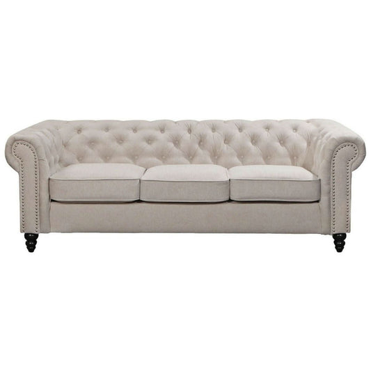 WOODLEY 3-SEATER CHESTERFIELD SOFA COUCH SETTEE IN BEIGE FABRIC