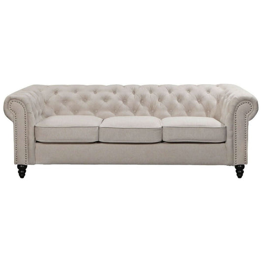 WOODLEY 3-SEATER CHESTERFIELD SOFA COUCH SETTEE IN BEIGE FABRIC - MyChocolateWood