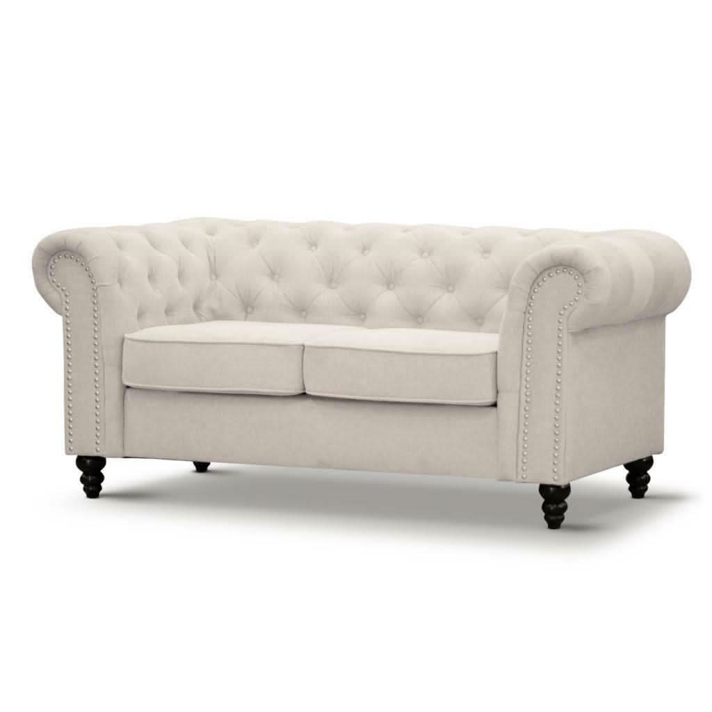 WOODLEY LOUNGE CHESTERFIELD 2-SEATER SOFA COUCH SETTEE IN BEIGE FABRIC - MyChocolateWood