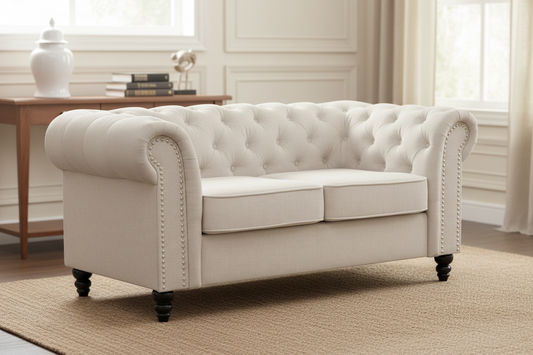 WOODLEY LOUNGE CHESTERFIELD 2-SEATER SOFA COUCH SETTEE IN BEIGE FABRIC - MyChocolateWood