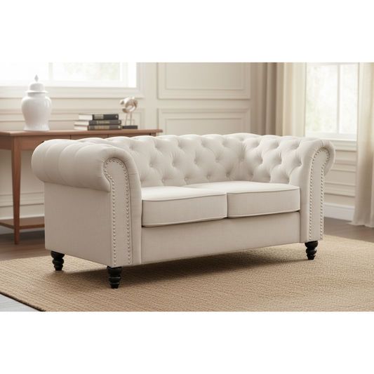 WOODLEY LOUNGE CHESTERFIELD 2-SEATER SOFA COUCH SETTEE IN BEIGE FABRIC - MyChocolateWood