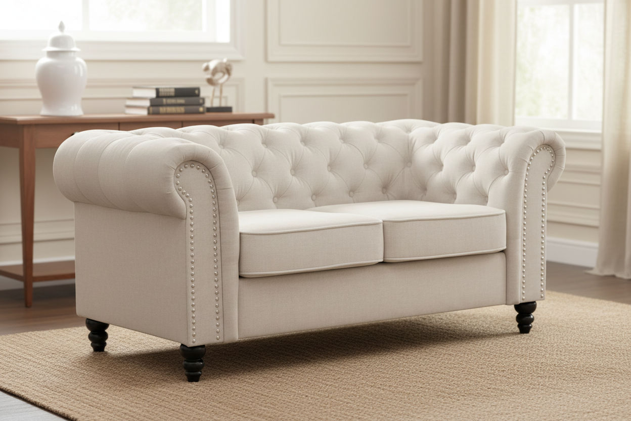 WOODLEY LOUNGE CHESTERFIELD 2-SEATER SOFA COUCH SETTEE IN BEIGE FABRIC - MyChocolateWood