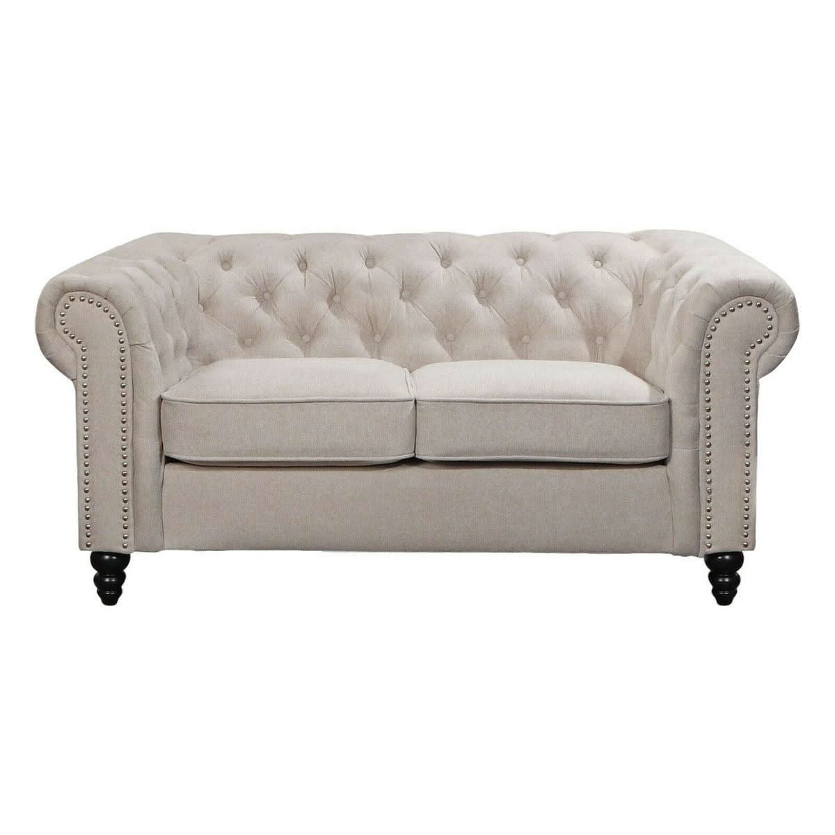 WOODLEY LOUNGE CHESTERFIELD 2-SEATER SOFA COUCH SETTEE IN BEIGE FABRIC - MyChocolateWood