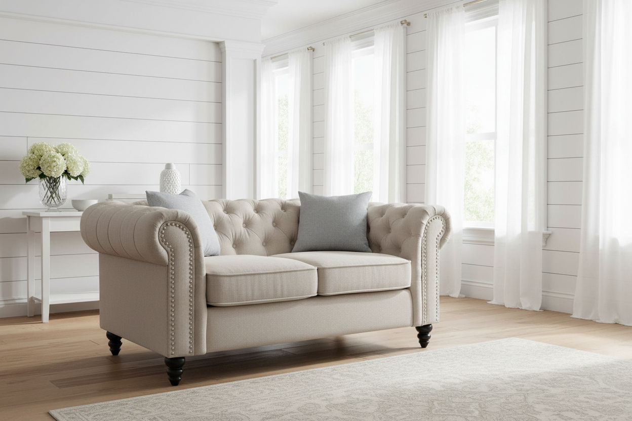 WOODLEY LOUNGE CHESTERFIELD 2-SEATER SOFA COUCH SETTEE IN BEIGE FABRIC - MyChocolateWood
