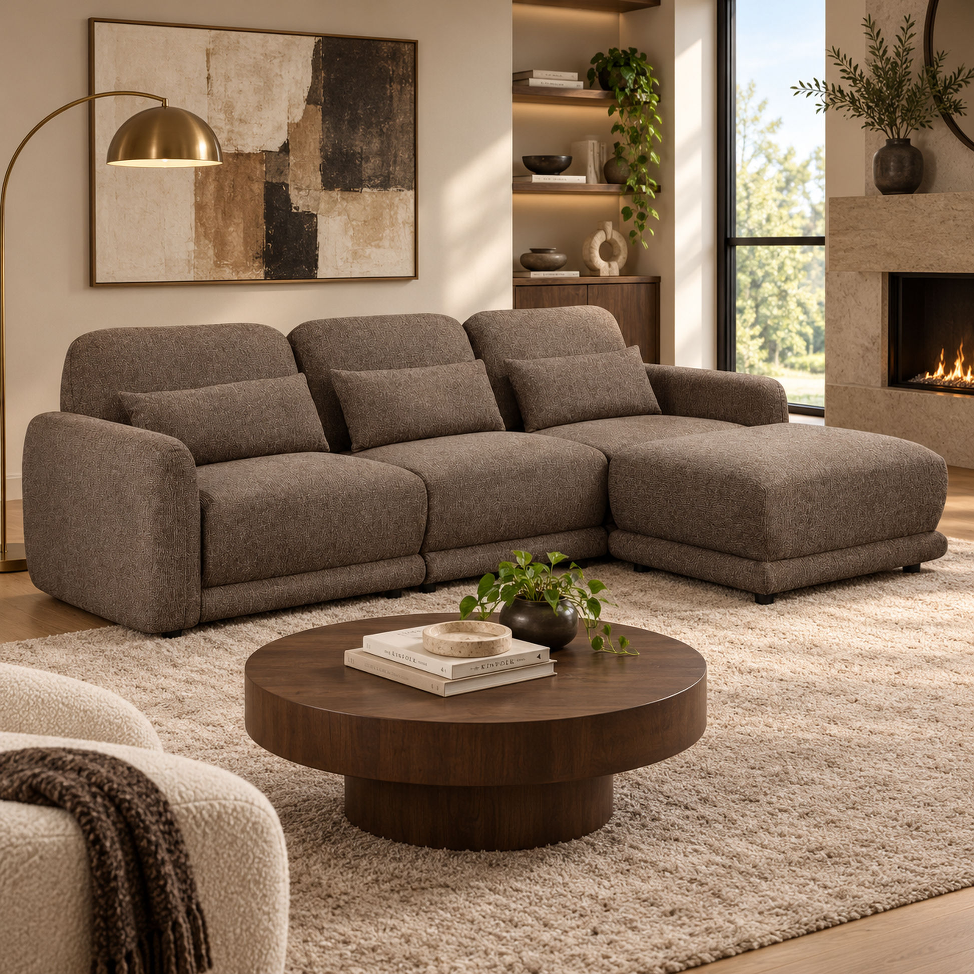 Nancy Fabric 3-Seater Modular Sofa w/Ottoman & 3 x Pillows Chocolate - MyChocolateWood
