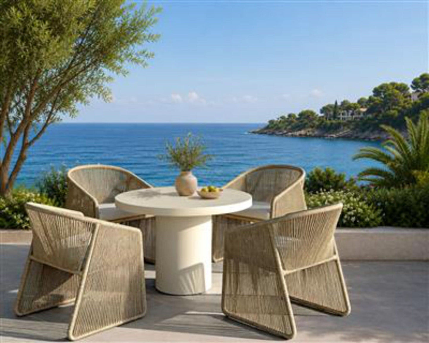 DORVEN WICKER & STEEL OUTDOOR DINING CHAIR NATURAL/CREAM