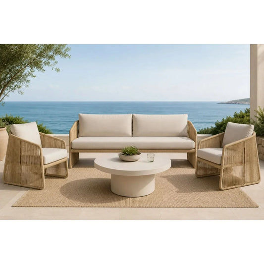 Dorven Wicker & Steel 3-Seater Outdoor Sofa in Natural & Cream