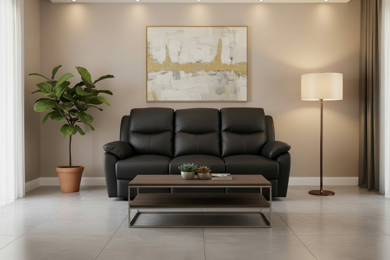 Lancy Premium Leather 3-Seater Manual Recliner Sofa in Black - Chocolate Wood