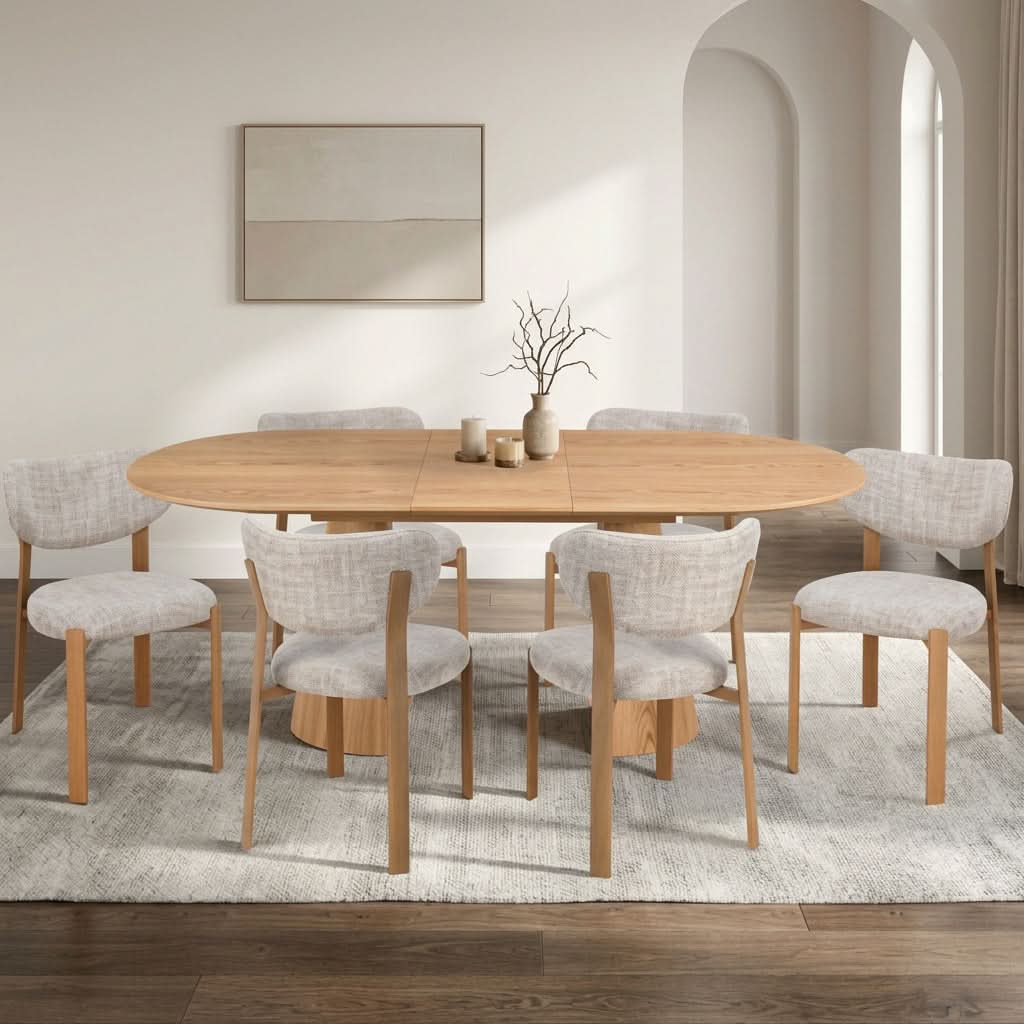 Sherwood Natural Oak Finish Oval Extension 7 Pce. Dining Set: 1 x Table 200cm & 6 x Sherwood Dining Chairs (Copy) - MyChocolateWood